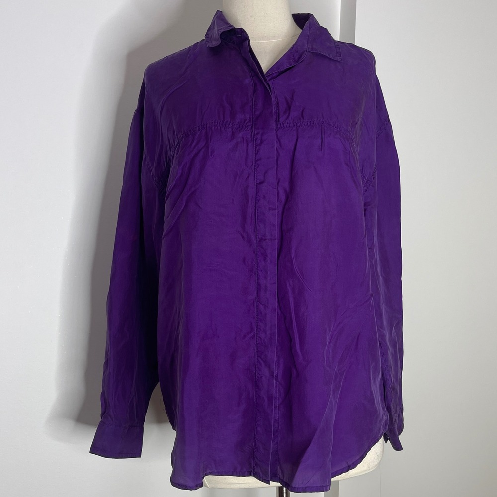 Vintage Lady Foot Locker Purple Silk Like Button Down Shirt Womens Medium M